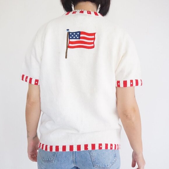 The Quacker Factory White Knit Red Patriotic USA Independence Day Cardigan S - Picture 3 of 11